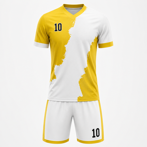 Ensemble de maillots de football personnalisés unisexe, col en V, manches courtes, 100% polyester, évacuation de l'humidité, blanc et jaune, numéro 10 sur le devant - Product Image 5