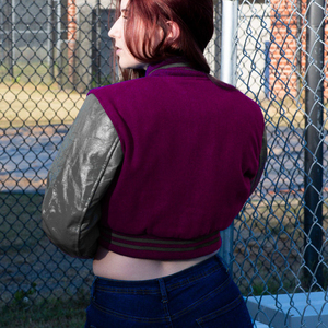 Womens Varsity Crop <b>Jacket</b> Purple <b>Silver</b> Letterman Style Bomber Coat Faux Leather Sleeves Casual Outerwear Ladies Fashion - Product Image 4