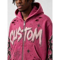 Sweat à capuche zippé vintage délavé avec logo personnalisé, patch à bords bruts, lettres, effet éclaboussures de peinture, effet vieilli, coupe oversize, style streetwear, OEM ODM, vente en gros