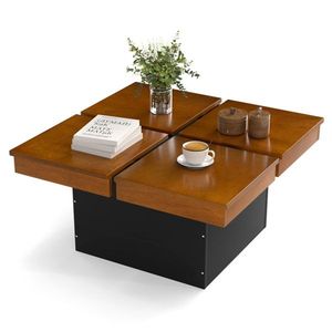 Modern 4-Section Storage Okume Wood Veneer Coffee <b>Table</b> Square Floating Design with <b>Walnut</b> and Black Finish - Product Image 2