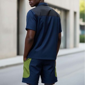 Conjunto Deportivo de Chaqueta Cortavientos de Manga Corta para Hombre en Azul Marino y Verde con Bloques de Color y Logotipo Frontal con Impresión por Transferencia Térmica para Verano - Product Image 5