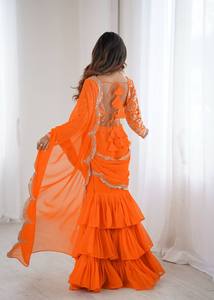 Sari élégant à volants en faux georgette avec des broderies et des paillettes très travaillées |   Sari tendance pour femmes, idéal pour les mariages et les soirées - Product Image 3