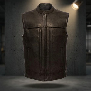 Chaleco de Motociclista de Cuero Genuino para Hombre, Cuello Alto, Cierre de Cremallera, Color Sólido, Ropa de Abrigo para Otoño - Product Image 4