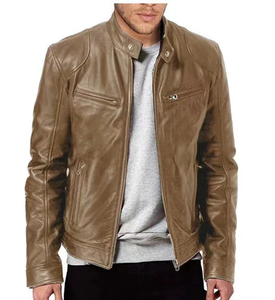 Veste moto en cuir véritable marron pour homme, col montant, fermeture éclair, coupe ajustée, longueur normale, couleur unie, doublure en coton - Product Image 2