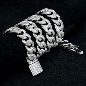 Men's Rhodium Plated 18k <b>Solid</b> <b>Gold</b> Cuban Chain Necklace with Crystal Rhinestone Inlay Classic Geometric Wedding Jewelry - Product Image 3