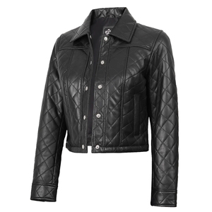 Blouson en cuir noir matelassé tendance pour femme, coupe courte et ajustée, style motard, en similicuir PU, vêtement d'extérieur streetwear - Product Image 2