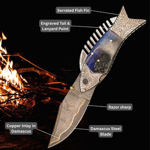 Personalized Hand Forged <b>Copper</b> Damascus Unique Fish Folding Pocket Knife Collectible EDC Multi-Functional Camping Hunting Knife - Product Image 3