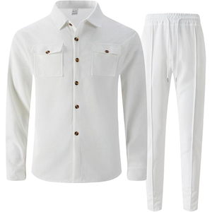 Ensemble haut et pantalon à manches longues en tricot blanc pour homme, col montant, tenue décontractée pour le printemps - Product Image 3