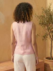 Women Vintage Sleeveless Blouse V-Neck <b>Wrap</b> Tie Solid <b>Pink</b> Breathable Eco-Friendly Office ODM Spring Summer Top - Product Image 3
