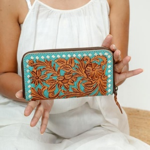 Real Hand Tooled Leather Clutch Women Vintage Style Floral Carved Leather <b>Wallet</b> Handcrafted Buckstitch Western <b>Wallet</b> Wristlet - Product Image 2