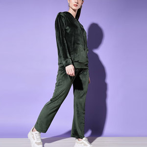 Ensemble de survêtement en velours doux pour femme, manches longues, imprimé uni, deux pièces, hiver, avec doublure polaire - Product Image 3