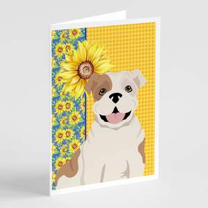 Whimsical Summer Sunflowers Piebald English Bulldog Tarjetas de felicitación Pack 8 Tarjetas de nota en blanco A7 Tamaño 5x7 con sobres - Product Image 1