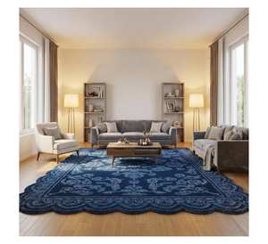 Tapis d'intérieur personnalisé tufté à la main bleu marine à motifs floraux, tapis de luxe en laine texturée 3D avec bord festonné, motif traditionnel pour hôtel - Product Image 3