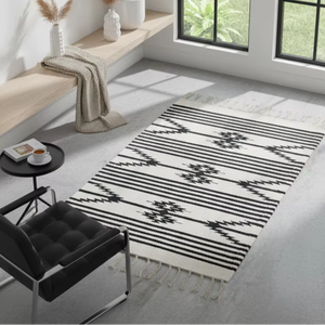 Tapis en coton tissé à la main avec motif floral moderne, lavable en machine, réversible, épais, rectangulaire, blanc, pour la maison et les pique-niques - Product Image 1