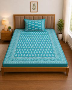 Jaipuri Cotton Washable Anti-Slip Anti-Bacteria Classic Rectangle <b>Single</b> <b>Bed</b> <b>Sheet</b> Pillow Cover 60x90 Inch Home Blue Block Print - Product Image 3