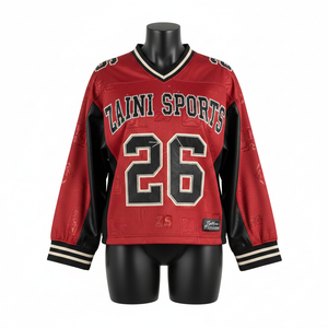 Camiseta de Fútbol de Poliéster de Malla Premium de 240 g/m² para Mujer, con Paneles en Contraste Rojo y Negro, Manga Larga, Logotipo en Tela Tackle Twill, Camiseta de Algodón para Mujer - Product Image 1