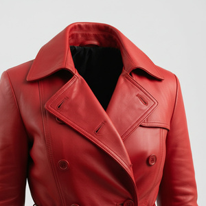 <b>Red</b> Women Genuine Leather Long <b>coat</b> Belted <b>Waist</b> turn Down Collar warm Breathable Sample & Customization Service Available - Product Image 4