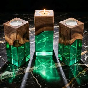 Wood Resin Square Tealight Candle Holder Set Transparent Epoxy Luxury Table Decor Modern Handmade Candle Centerpiece Home - Product Image 4