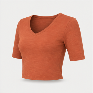Camiseta Corta Ajustada con Cuello en V y Manga hasta el Codo en Color Naranja Óxido para Mujer WTS-0135 - Product Image 3