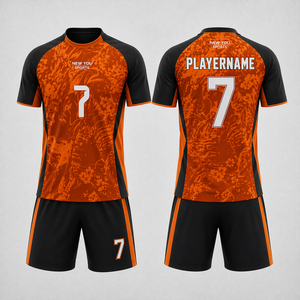 ชุดฟุตบอลแบบซับลิเมชั่นสั่งทำพิเศษ เสื้อและกางเกงขาสั้นสีส้มดำ พร้อมชื่อและหมายเลขผู้เล่น - Product Image 1