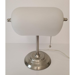 Oval Metal Table Lamp With Frosted Glass <b>Shade</b> Industrial Design <b>Silver</b> Base Pull Chain Switch - Product Image 1
