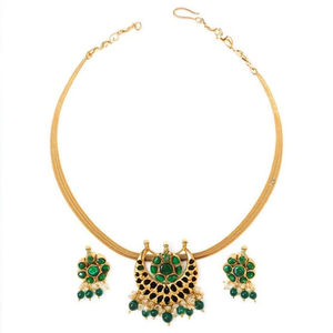 Green Kemp Attigai Women's Necklace-Fashion Jewelry Set with Gold Plated Brass and Zircon Stones - Product Image 2