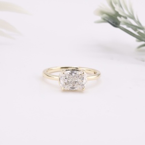 Luxury Women's Yellow Gold Cushion Cut Lab Grown Diamond Engagement <b>Ring</b> Classic East West Solitaire <b>Plain</b> Wedding Band Fine - Product Image 1