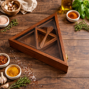 Handmade Triangular Wooden Spice Box | Indian Rosewood Masala Dabba <b>Kitchen</b> Organizer <b>Storage</b> <b>Container</b> with Lid Spoon - Product Image 4