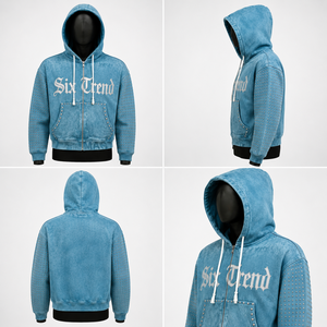 Sudadera con capucha y cremallera personalizada con lavado ácido, de invierno, de gran gramaje (400 g/m²), 100% algodón polar, con estampado de letras góticas y mangas con tachuelas, estilo streetwear. - Product Image 2