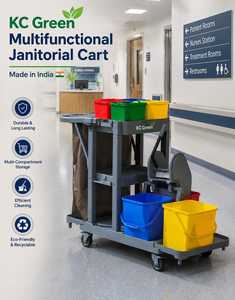 Multifunctional Janitorial Cart With 4 Swivel <b>Wheels</b> Heavy Duty Steel Frame <b>Plastic</b> Made In India heavy duty - Product Image 3