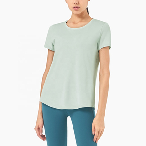 Camiseta de Algodón de Manga Corta con Cuello Redondo para Mujer, Color Verde Claro, Corte Regular, Informal, Color Sólido, Transpirable, Tejido de Punto, para Todas las Temporadas - Product Image 3
