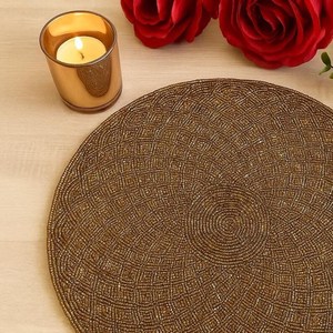 SET of 2 Handmade Brown Gold Floral Eco-Friendly <b>Beaded</b> <b>Placemat</b> Elegant Round Home Table Mat for Rustic & Festive Decor - Product Image 1