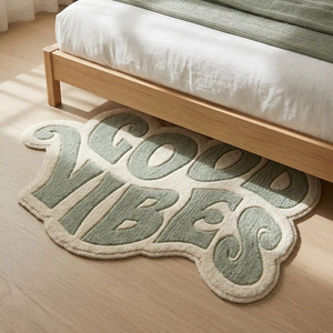 Alfombra de Lana Hecha a Mano con Tipografía Premium Good Vibes, Antideslizante, Color Verde Salvia, Diseño Moderno, Suave, para Decoración de Sala de Estar y Dormitorio - Product Image 2