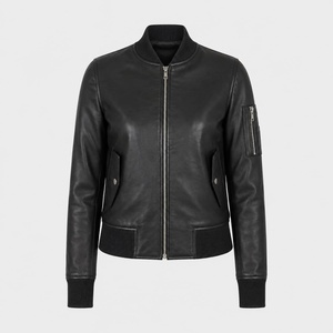 Blouson aviateur noir en cuir véritable pour femme, blouson de motard en peau d'agneau de qualité supérieure, style classique aviateur, col côtelé - Product Image 1