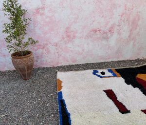 Tapis marocain noué à la main en laine blanche multicolore, écologique, antidérapant, à franges, à poils moyens, pour salon - Product Image 4