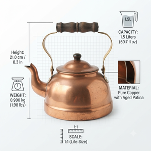 Tetera de cobre puro estilo vintage para estufa con mango de madera oscuro tallado, hervidor de agua antiguo al por mayor para cocina - Product Image 2