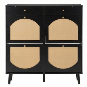 Meuble à chaussures en rotin noir 105*24*110cm avec 2 tiroirs et 4 portes battantes en aggloméré - Product Image 4