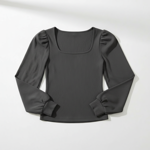 Haut de printemps côtelé à col carré et manches bouffantes, en maille ajustée à manches longues, style décontracté et tendance, avec poignets côtelés, personnalisable OEM, fabricant grossiste - Product Image 4