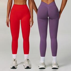 <b>Women's</b> Mid Waist <b>Red</b> Seamless Spandex/Polyester Yoga <b>Leggings</b> Full Length Solid Color Four-Way Stretch Elastic Waist Workout - Product Image 3