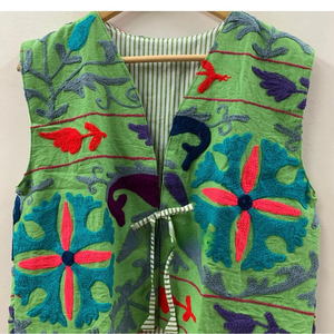 Verde Floral Algodón Suzani Abrigo Verano Chaleco Bordado Abrigo Sin Mangas Suzani Chaleco - Product Image 3