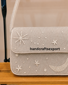 Bolso de Mano con Cuentas de Sol, Luna y Estrella, Moderno, Ligero, Ecológico, Bolso de Hombro Blanco, Artesanal, Bordado |   Personalizado - Product Image 6