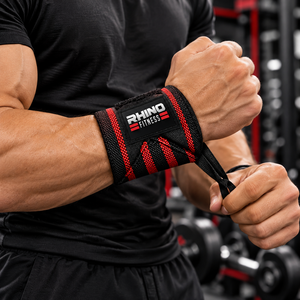 ผ้าพันข้อมือสำหรับมือซ้าย Rhino Fitness สีดำแดง ทำจากผ้าฝ้าย พร้อมห่วงร้อยนิ้วโป้งและแถบตีนตุ๊กแกสำหรับยกน้ำหนัก - Product Image 2