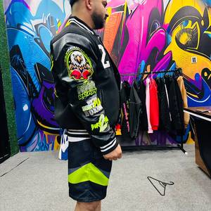 2F:LY <b>Men's</b> PU Varsity <b>Jacket</b> Sporty <b>Letter</b> Print Turn-down Collar Regular Fit Autumn Wear - Product Image 5