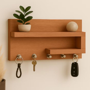 Porte-clés mural en bois avec un design unique et élégant, porte-clés mural en bois massif avec étagère flottante - Product Image 1