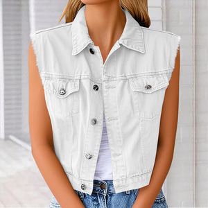 Veste en jean grande taille pour femme, gilet en denim, chemise courte sans manches boutonnée, col chemise, poches poitrine, blanc - Product Image 6
