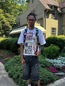 Hot Selling Custom Men <b>Y2K</b> Graphic T <b>Shirt</b> With Camo Patchwork Denim Distressed Shorts Sets Streetwear Style Summer Wear - Product Image 5
