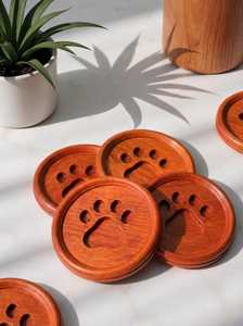 Handmade Paw Pattern Engraved Wooden Round Tea <b>Coasters</b> With Paw Print Design Non Slip <b>Heat</b> Resistant By UO INDIA - Product Image 5