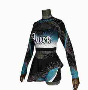 Cheerleading Uniform Set Blue Pink <b>Black</b> <b>Skirt</b> <b>Long</b> Sleeve Rhinestone Front Adult Style Heat-Transfer Printing Polyester/Cotton - Product Image 6