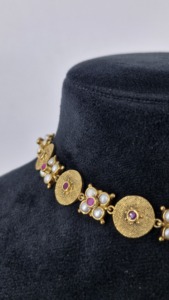 925 Sterling <b>Silver</b> 18K Gold Plated Antique Textured Disc <b>Choker</b> • Premium Ruby Pearl Floral Link Statement Necklace • Luxury Tr - Product Image 3