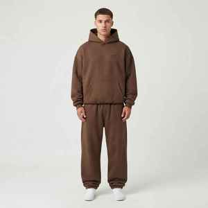 Ensemble de survêtement marron à capuche pour homme, couleur unie, coupe décontractée, pantalon long en coton avec poche avant - Product Image 1
